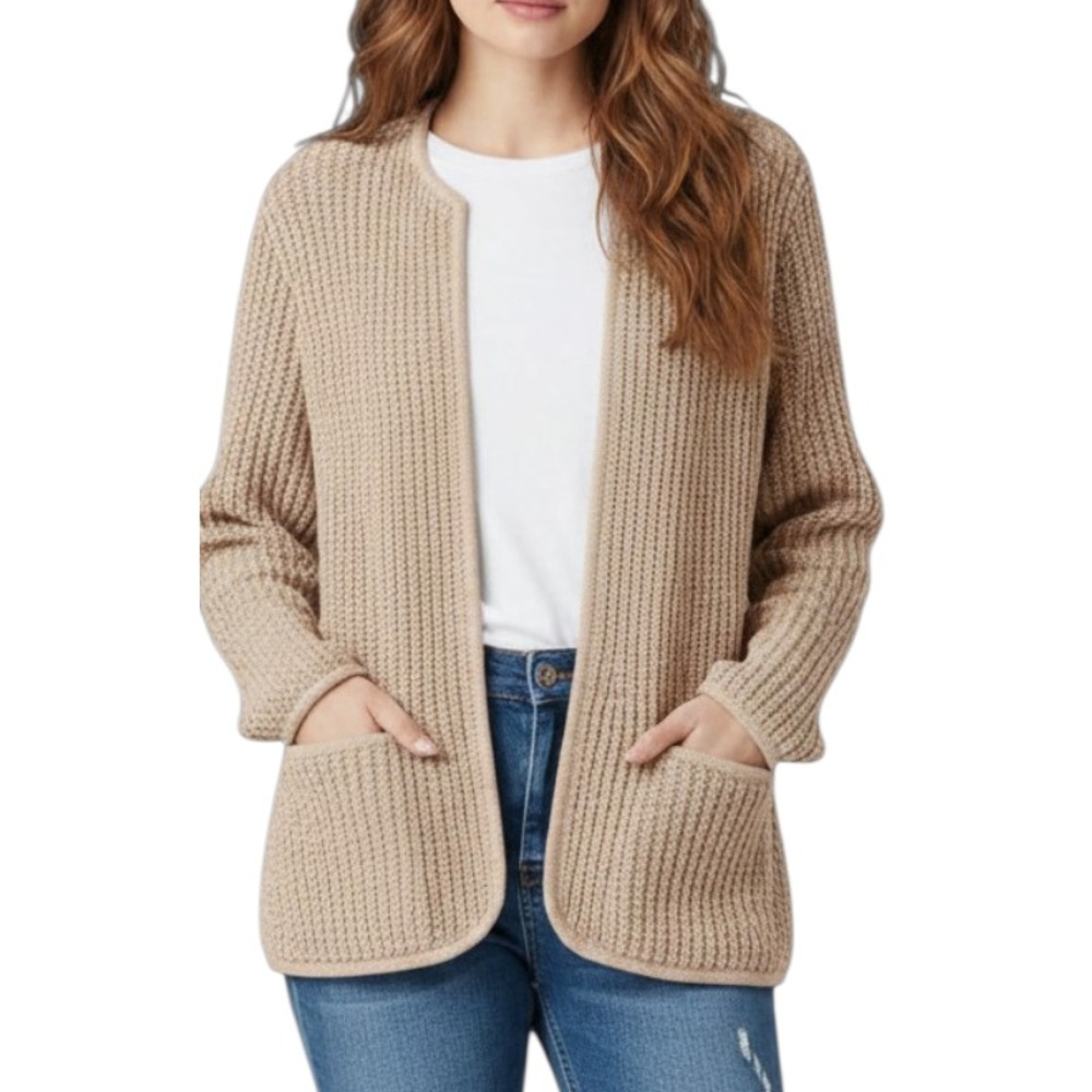 VTG Sideffects BEIGE BOUCLE SWEATER Open Cardigan Jacket w/Pockets SHAGGY sz S